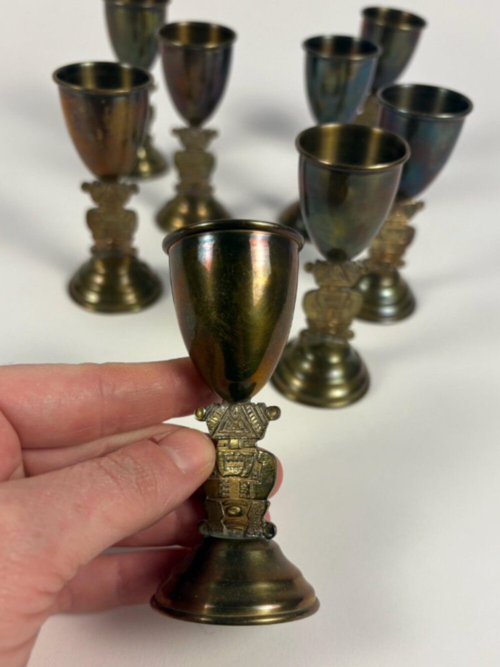 Vintage Brass Goblets Set of 8 | Figural Metal Liquor Cups